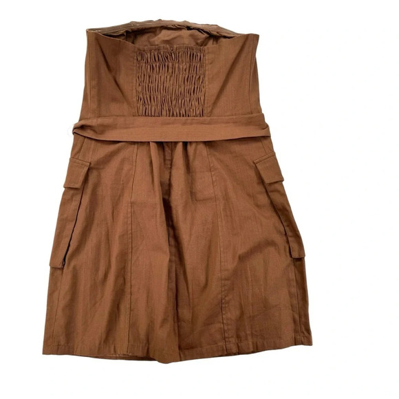 Lulus Best Reason Cotton Button Front Belted Strapless Mini Dress Brown Size M - Picture 4 of 9